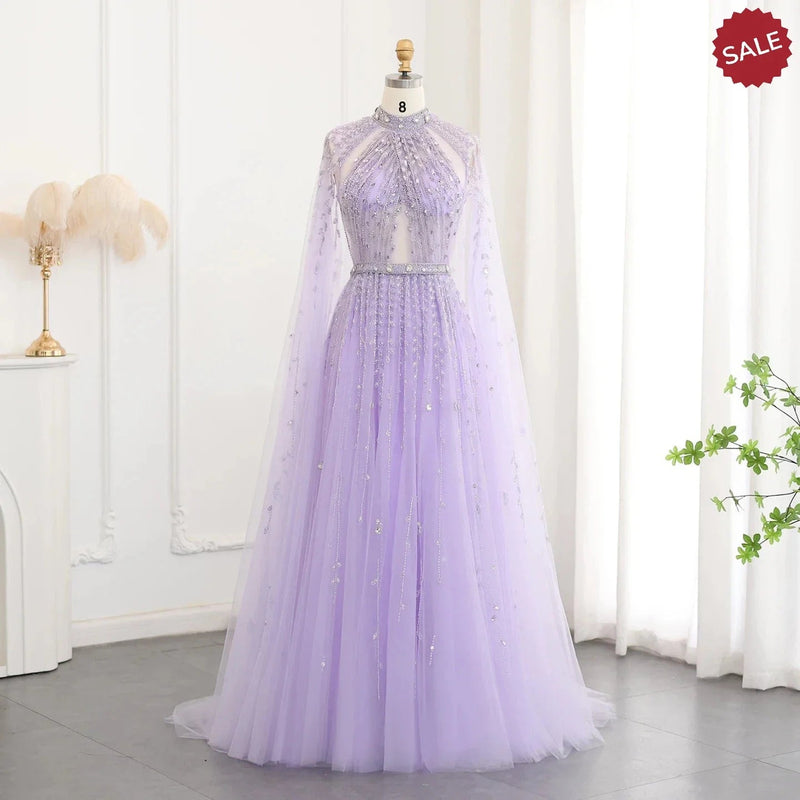 Luxury Dubai Evening Dress with Cape Sleeve 2023 Elegant Long Arabic Formal Dresses for Women Wedding Party SS495