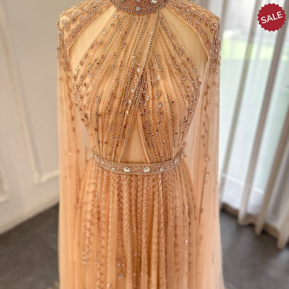 Luxury Dubai Evening Dress with Cape Sleeve 2023 Elegant Long Arabic Formal Dresses for Women Wedding Party SS495