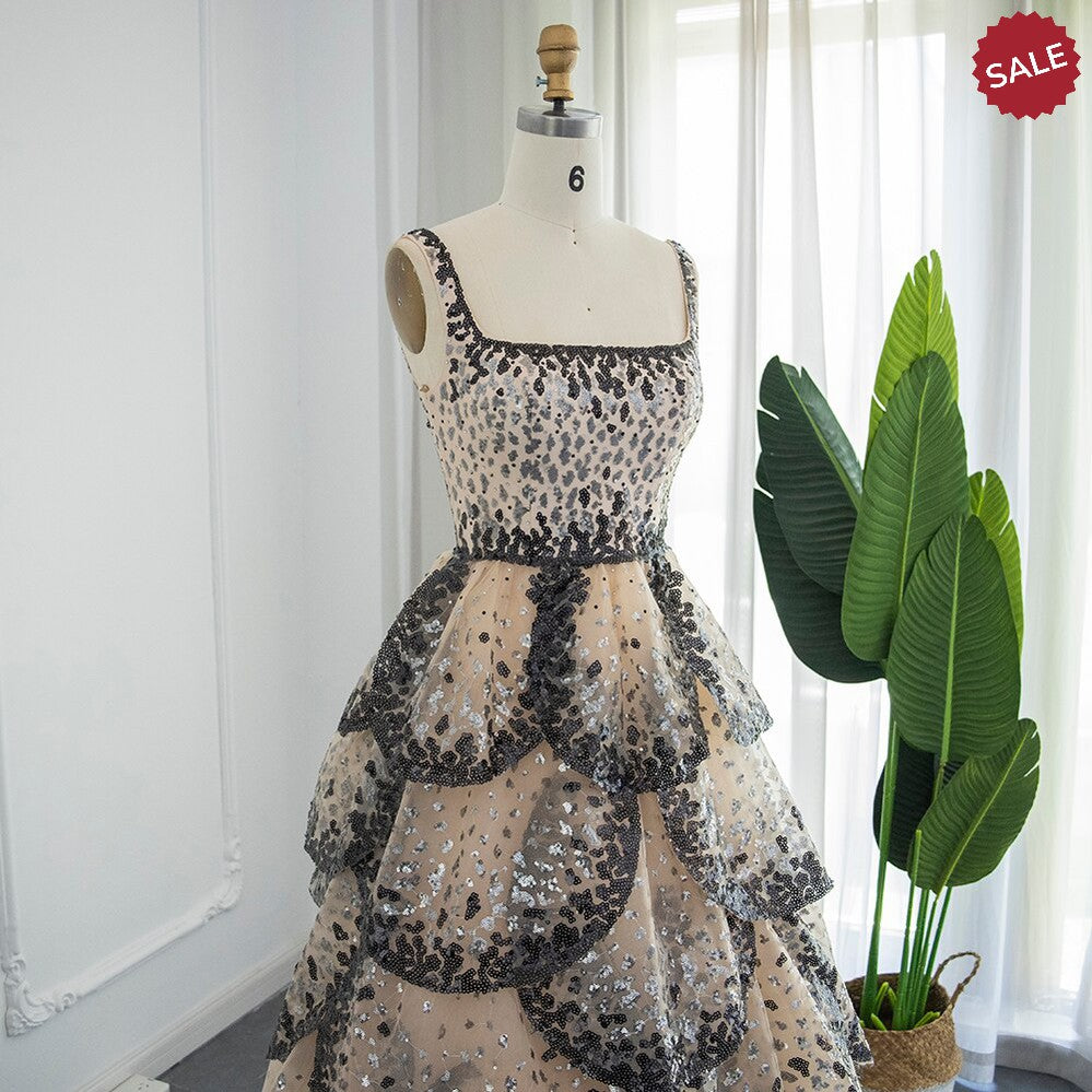 Luxury Dubai Evening Dresses 2023 Sparkly Sequin Tiered Ruffles Elegant Women Wedding Party Formal Gowns SS243