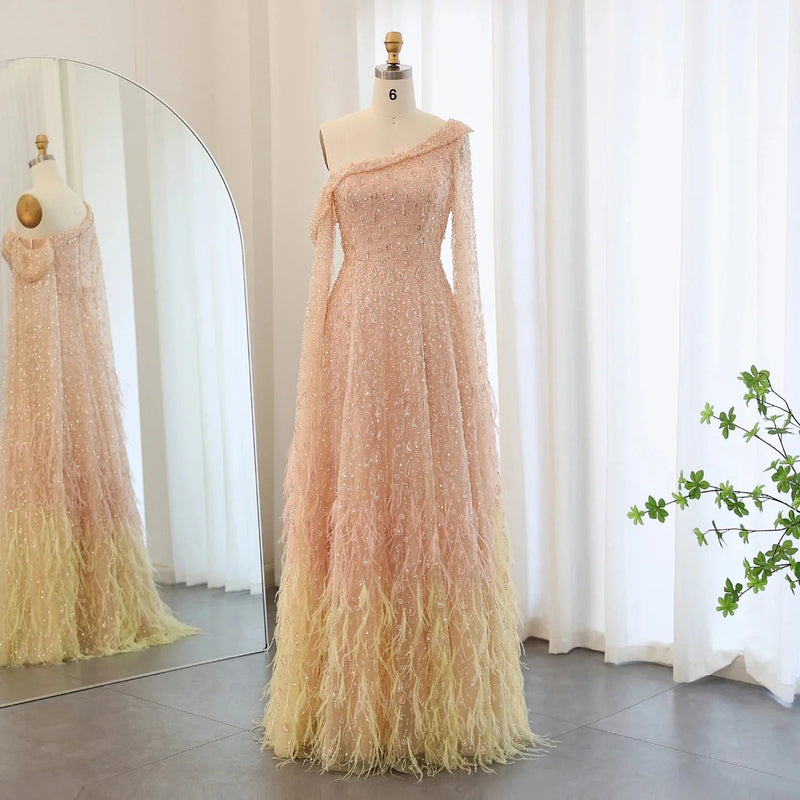 Luxury Dubai Feather One Shoulder Evening Dresses with Cape Sleeves Rose Gold Lilac Women Wedding Party Gowns SS438
