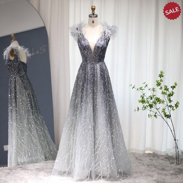 Luxury Dubai Feathers Evening Dresses 2023 Sexy V-Neck Beaded Blue Long Formal Party Gowns For Women Wedding SS335