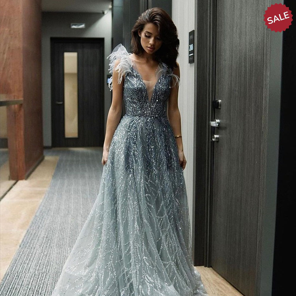 Luxury Dubai Feathers Evening Dresses 2023 Sexy V-Neck Beaded Blue Long Formal Party Gowns For Women Wedding SS335