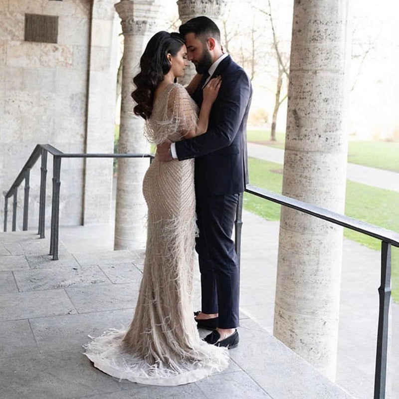 Luxury Dubai Feathers Khaki Mermaid Evening Dresses 2023 Elegant for Woman Wedding Party Gowns Cape Sleeves SS210