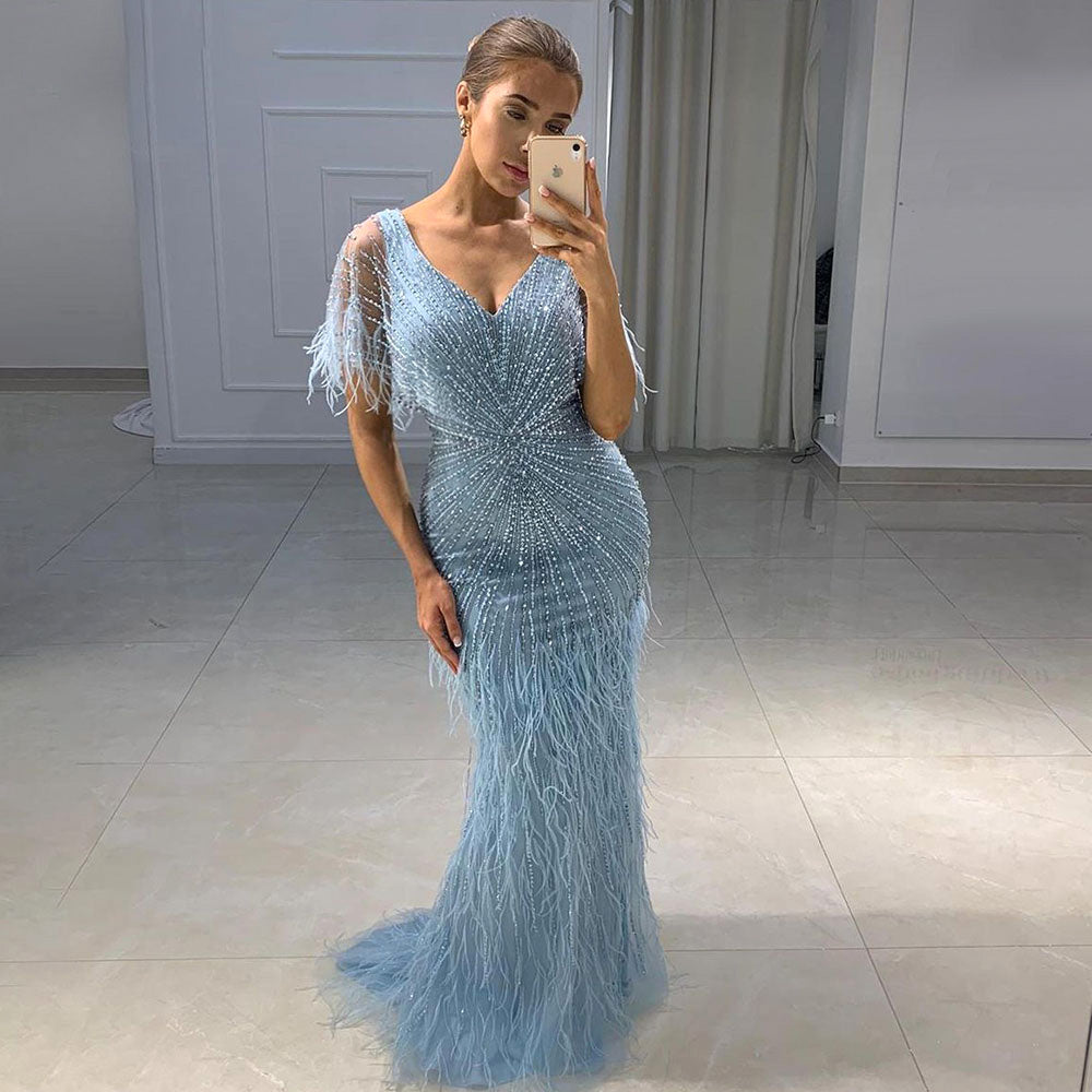 Luxury Dubai Feathers Khaki Mermaid Evening Dresses 2023 Elegant for Woman Wedding Party Gowns Cape Sleeves SS210