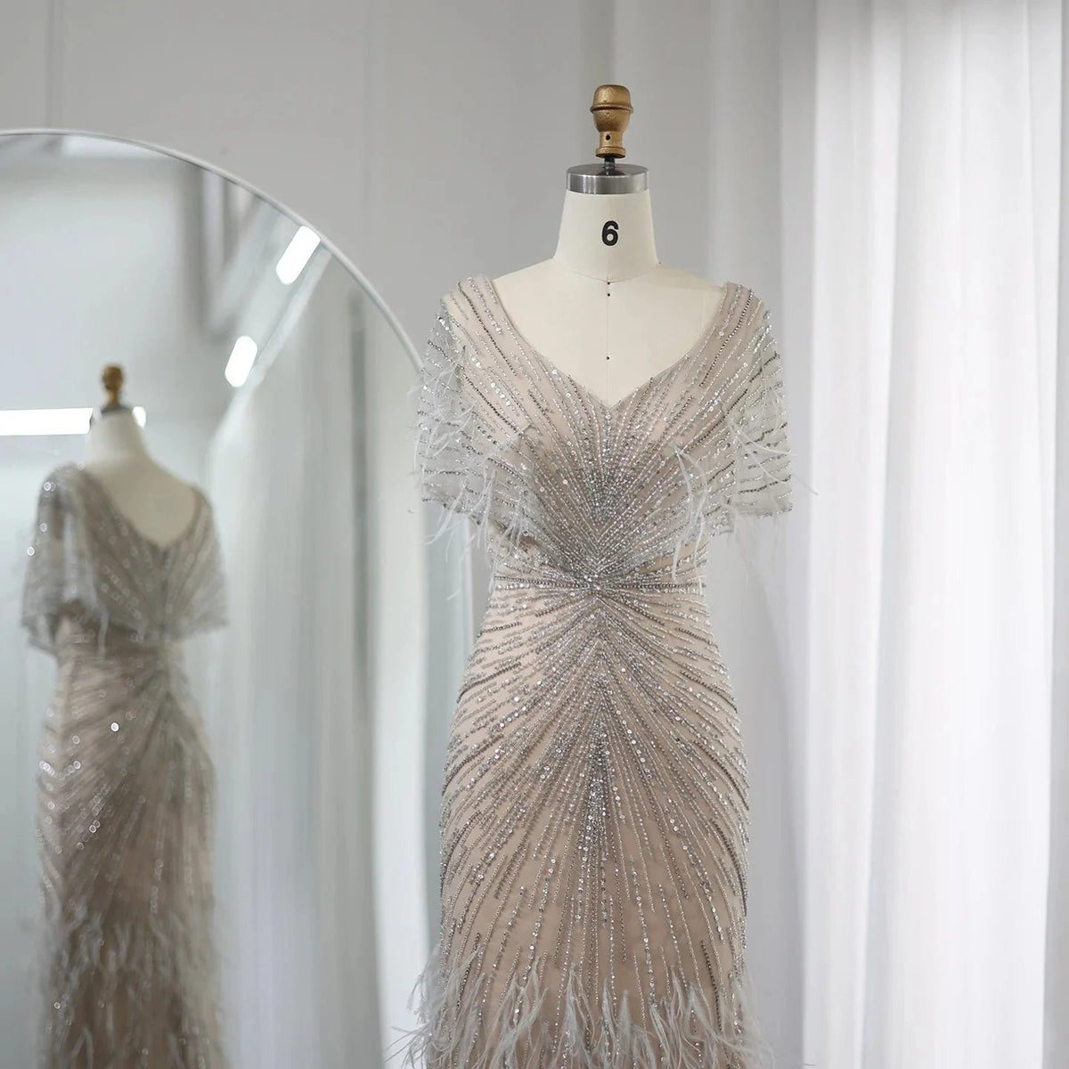 Luxury Dubai Feathers Khaki Mermaid Evening Dresses 2023 Elegant for Woman Wedding Party Gowns Cape Sleeves SS210