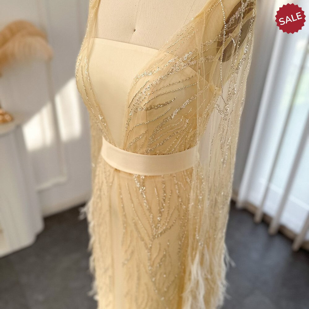 Luxury Dubai Feathers Light Yellow Evening Dresses with Cape Sleeves Arabic Purple Women Wedding Party Gowns SS420