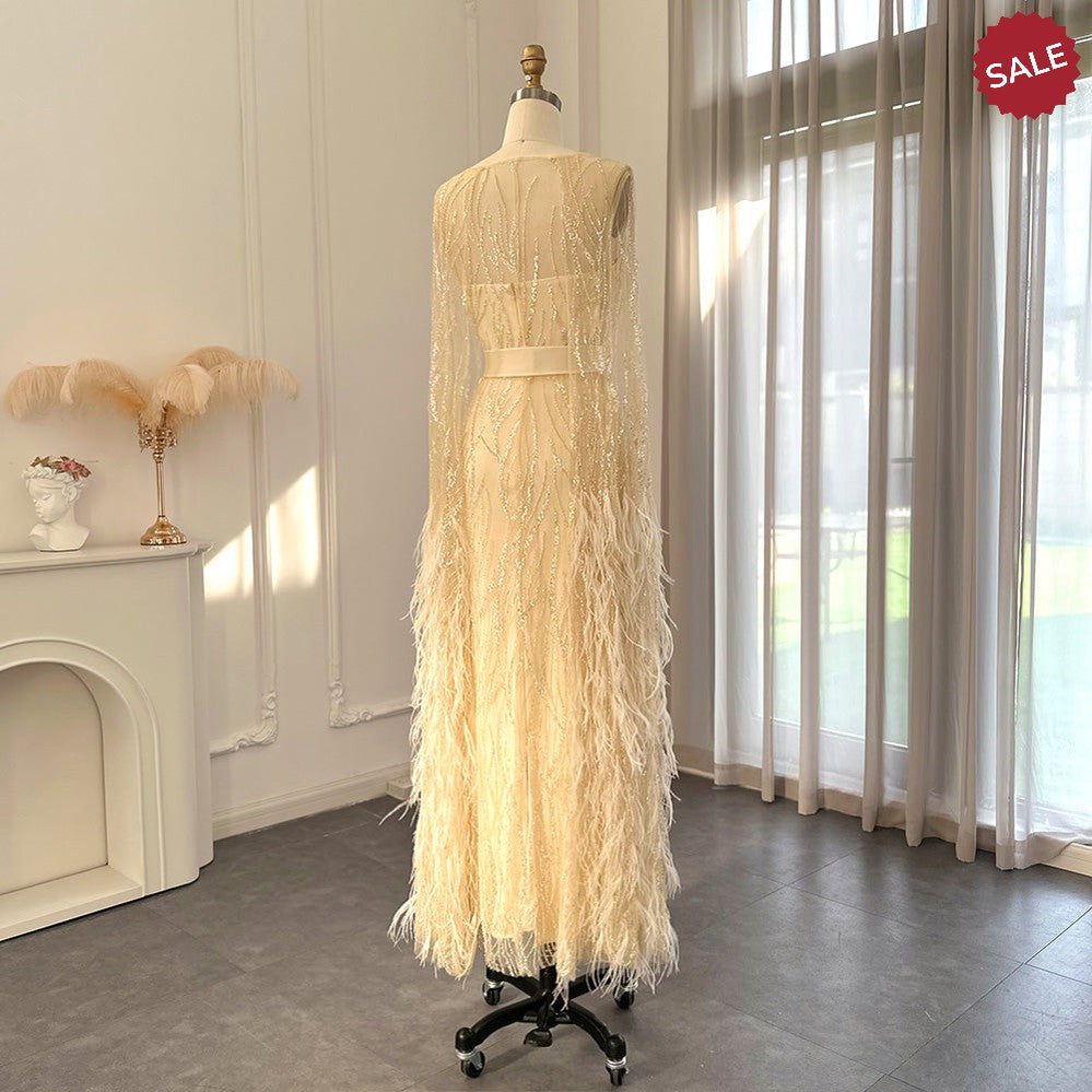 Luxury Dubai Feathers Light Yellow Evening Dresses with Cape Sleeves Arabic Purple Women Wedding Party Gowns SS420