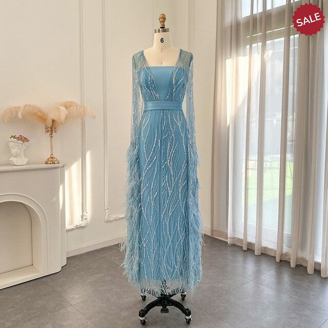 Luxury Dubai Feathers Light Yellow Evening Dresses with Cape Sleeves Arabic Purple Women Wedding Party Gowns SS420