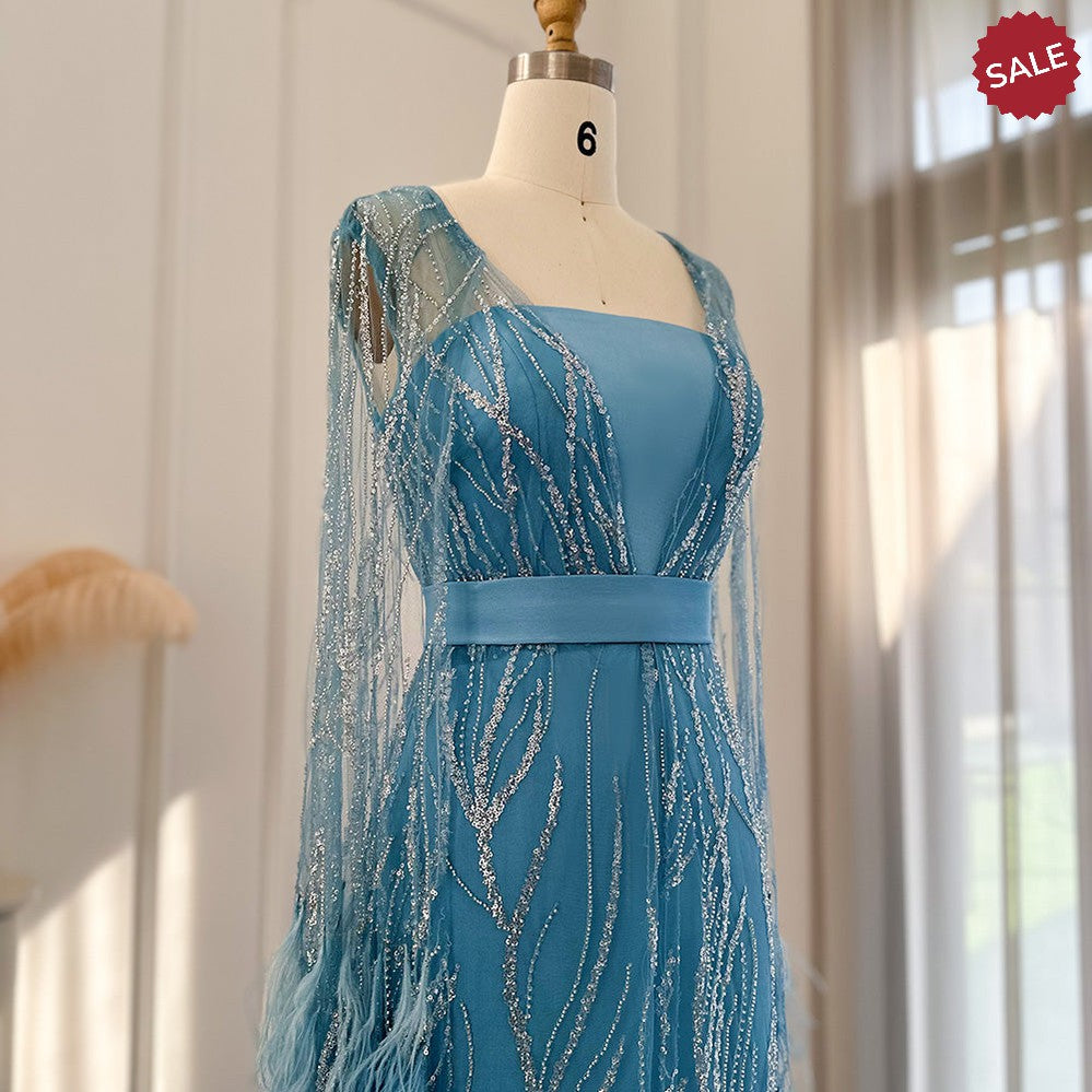 Luxury Dubai Feathers Light Yellow Evening Dresses with Cape Sleeves Arabic Purple Women Wedding Party Gowns SS420