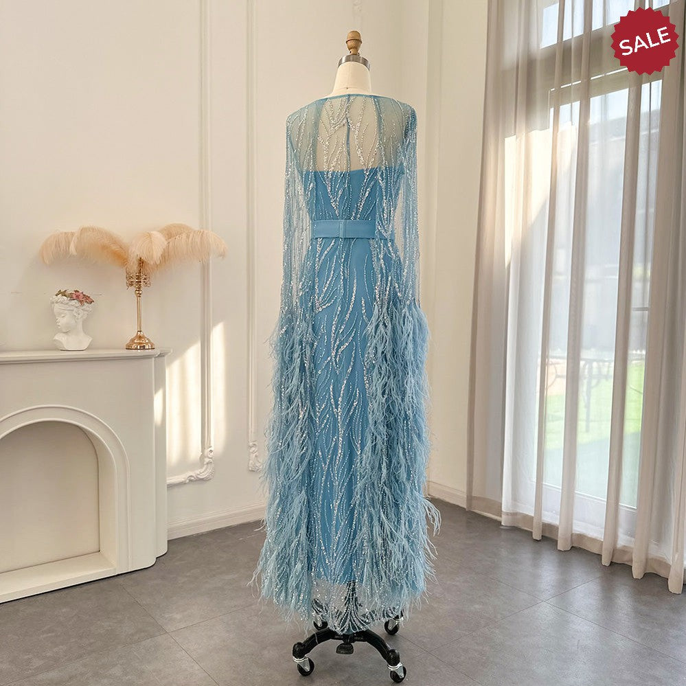 Luxury Dubai Feathers Light Yellow Evening Dresses with Cape Sleeves Arabic Purple Women Wedding Party Gowns SS420