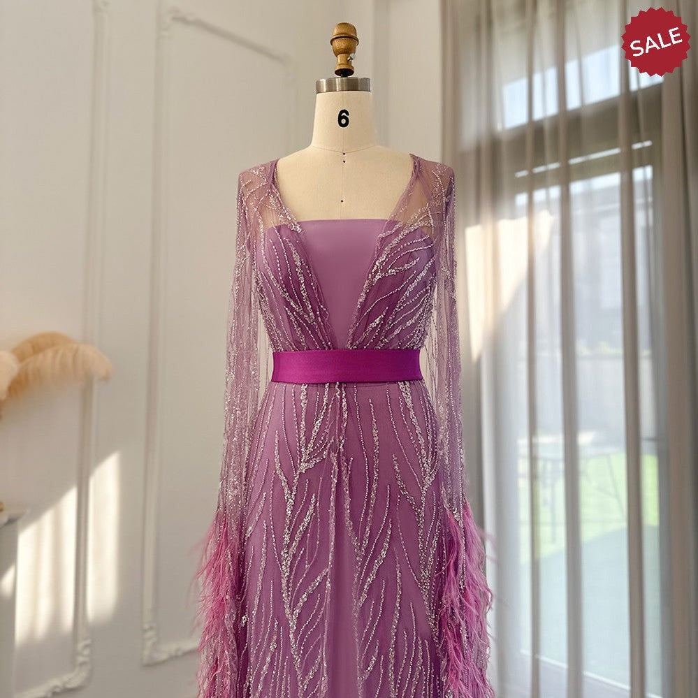 Luxury Dubai Feathers Light Yellow Evening Dresses with Cape Sleeves Arabic Purple Women Wedding Party Gowns SS420