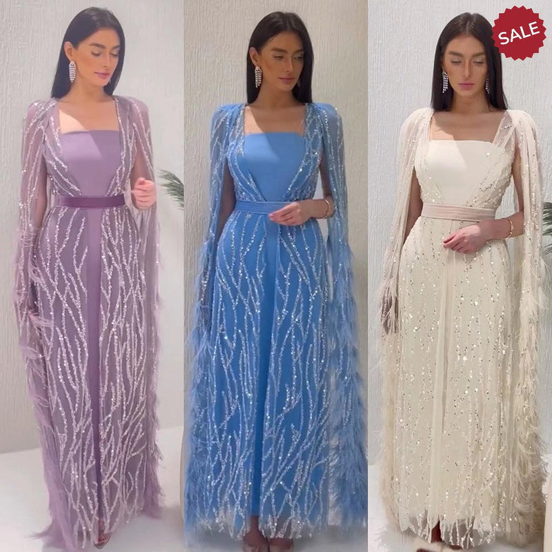 Luxury Dubai Feathers Light Yellow Evening Dresses with Cape Sleeves Arabic Purple Women Wedding Party Gowns SS420