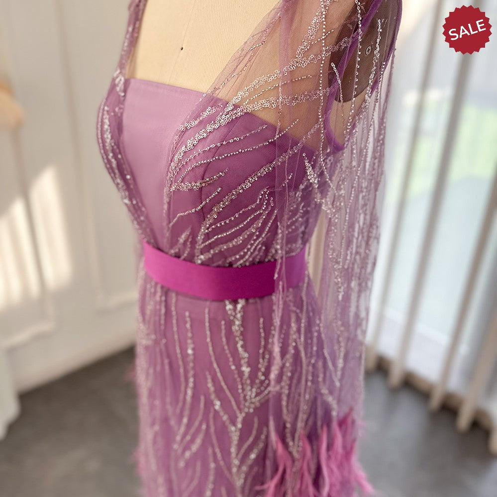 Luxury Dubai Feathers Light Yellow Evening Dresses with Cape Sleeves Arabic Purple Women Wedding Party Gowns SS420