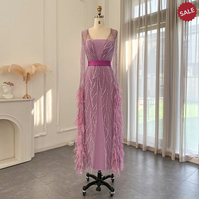 Luxury Dubai Feathers Light Yellow Evening Dresses with Cape Sleeves Arabic Purple Women Wedding Party Gowns SS420