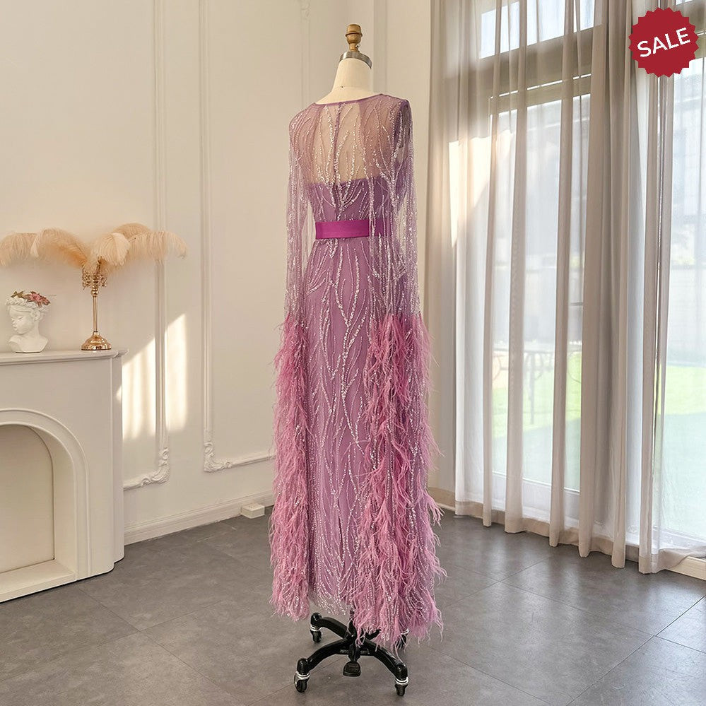 Luxury Dubai Feathers Light Yellow Evening Dresses with Cape Sleeves Arabic Purple Women Wedding Party Gowns SS420