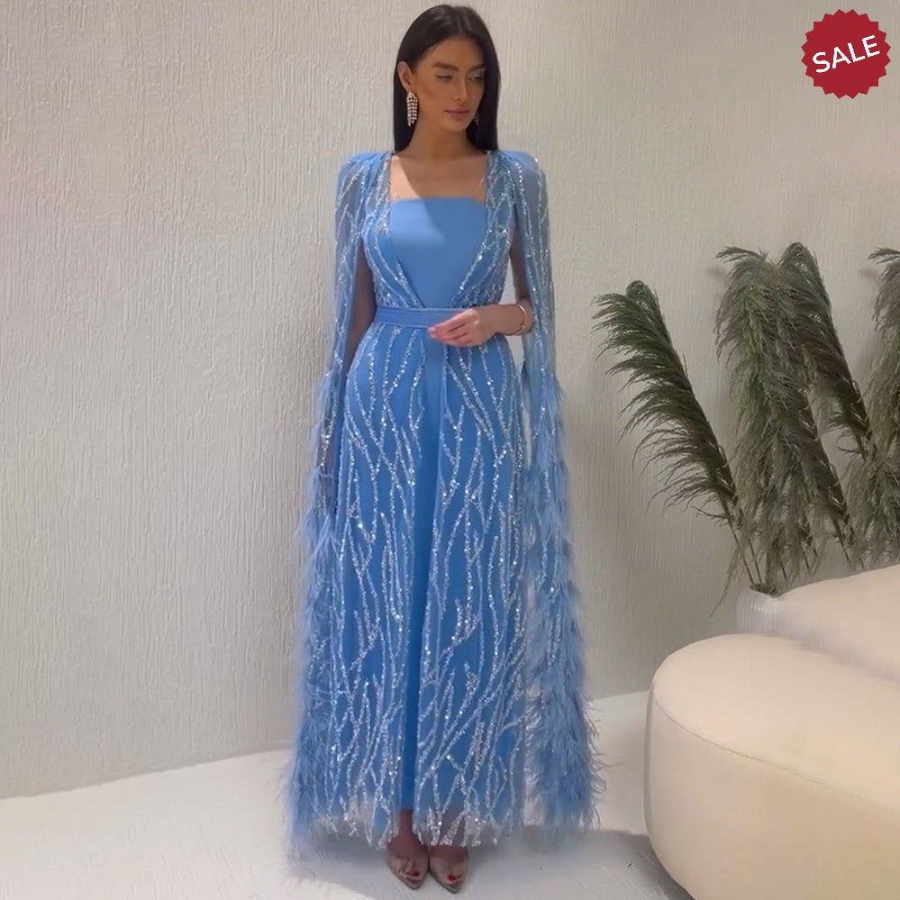 Luxury Dubai Feathers Light Yellow Evening Dresses with Cape Sleeves Arabic Purple Women Wedding Party Gowns SS420