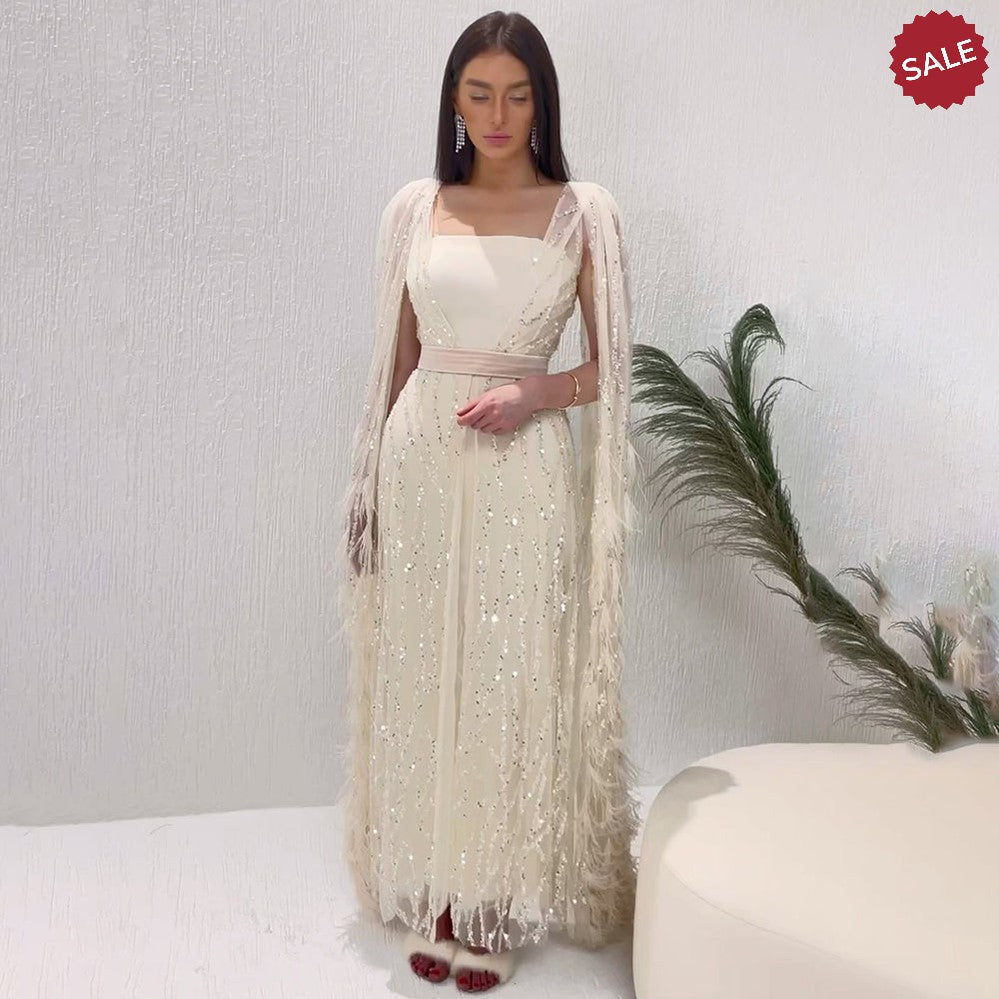 Luxury Dubai Feathers Light Yellow Evening Dresses with Cape Sleeves Arabic Purple Women Wedding Party Gowns SS420