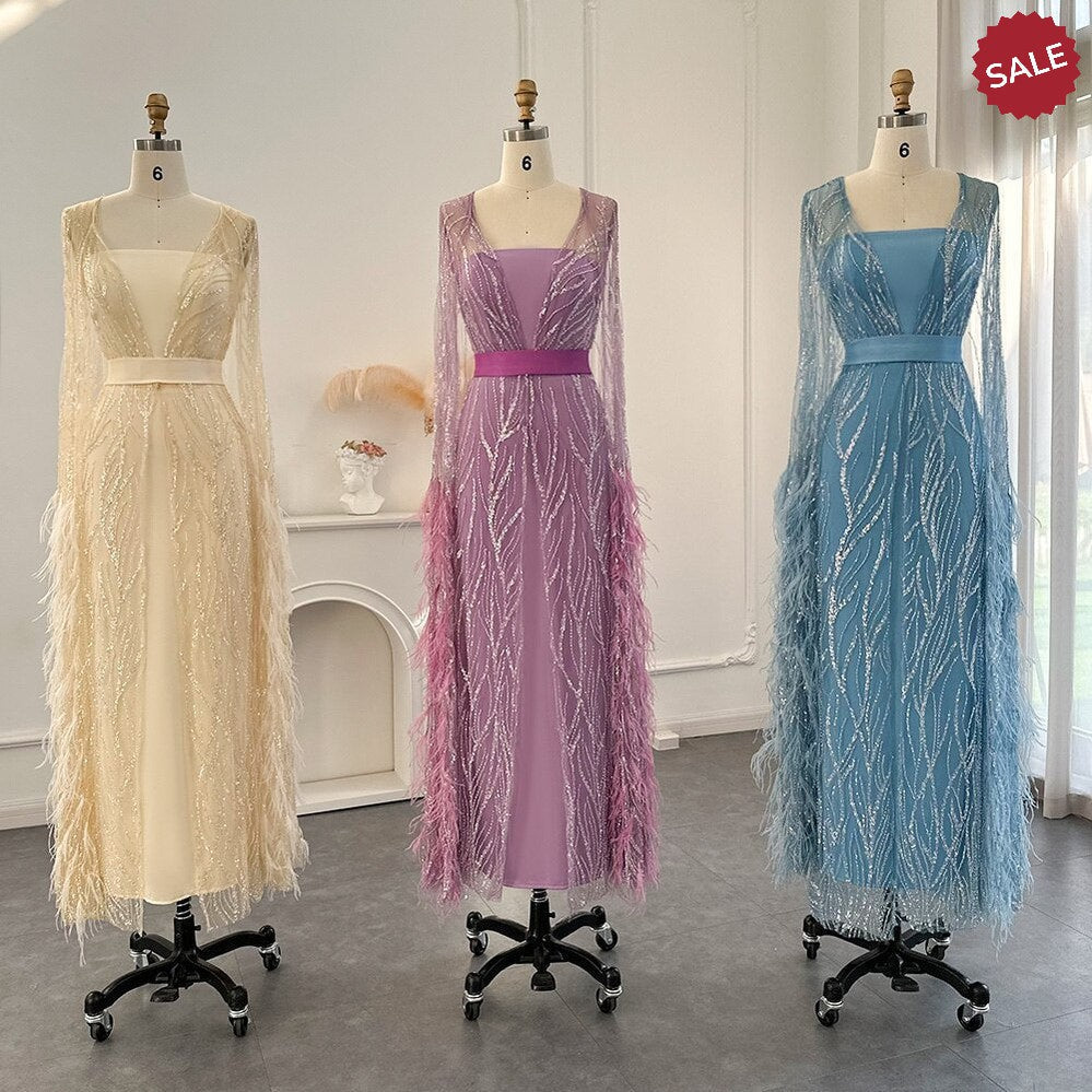 Luxury Dubai Feathers Light Yellow Evening Dresses with Cape Sleeves Arabic Purple Women Wedding Party Gowns SS420
