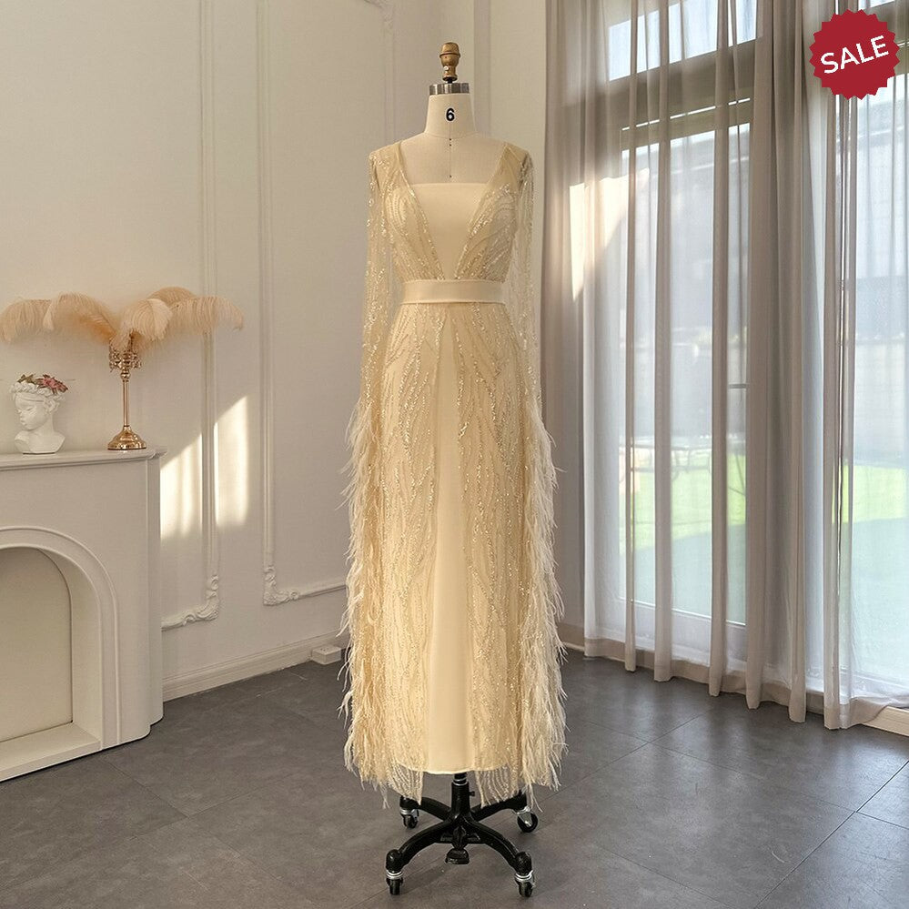 Luxury Dubai Feathers Light Yellow Evening Dresses with Cape Sleeves Arabic Purple Women Wedding Party Gowns SS420