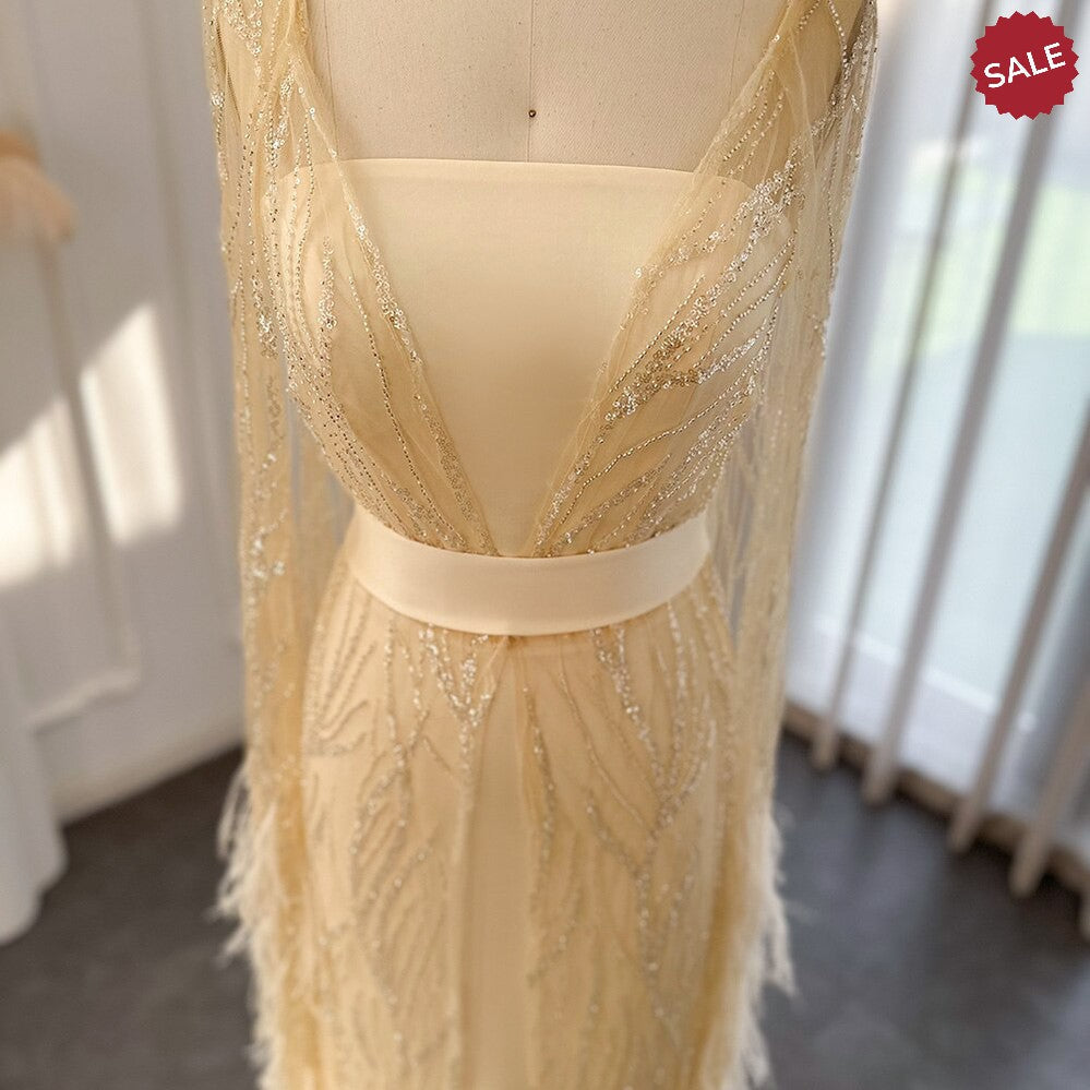 Luxury Dubai Feathers Light Yellow Evening Dresses with Cape Sleeves Arabic Purple Women Wedding Party Gowns SS420