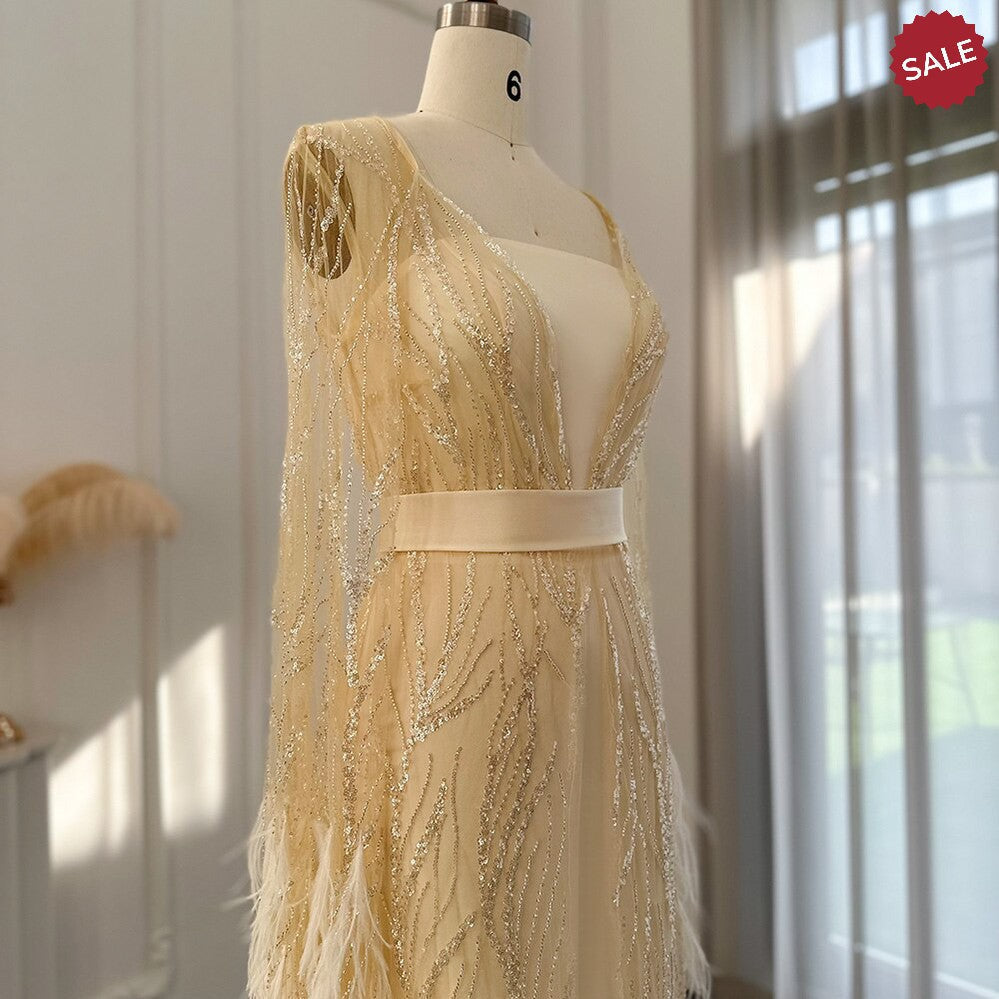Luxury Dubai Feathers Light Yellow Evening Dresses with Cape Sleeves Arabic Purple Women Wedding Party Gowns SS420