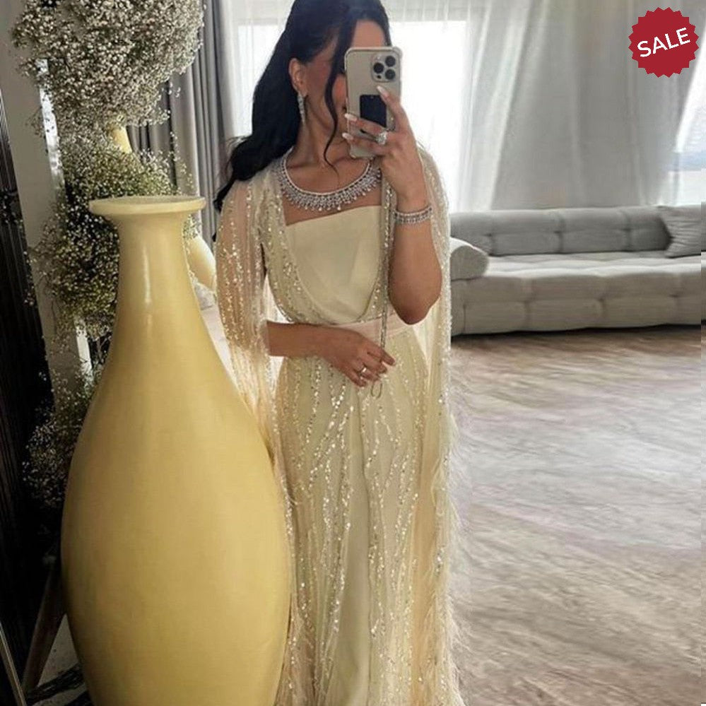 Luxury Dubai Feathers Light Yellow Evening Dresses with Cape Sleeves Arabic Purple Women Wedding Party Gowns SS420