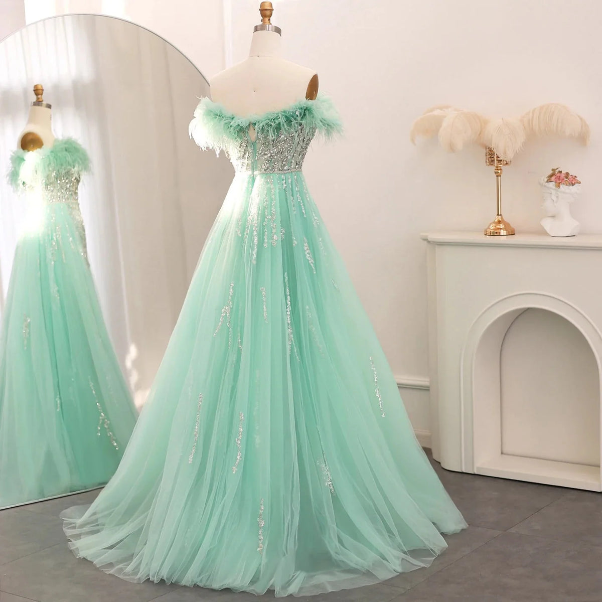 Luxury Dubai Feathers Lilac Evening Dress with Overskirt Side Slit Arabic Blue Green Women Wedding Party Gowns SS252