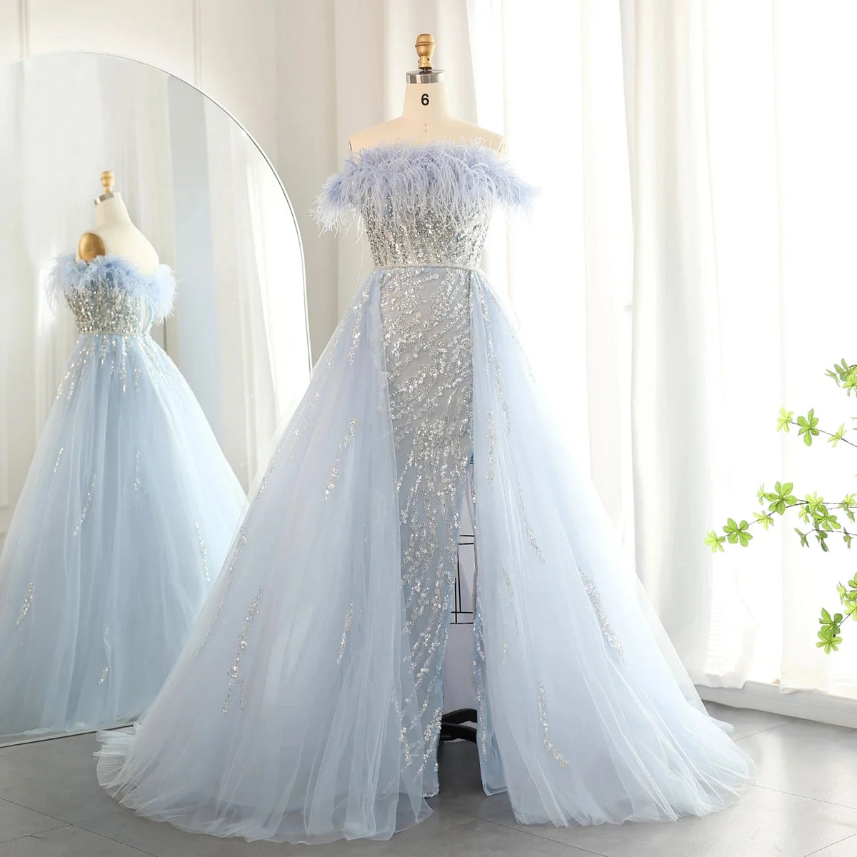 Luxury Dubai Feathers Lilac Evening Dress with Overskirt Side Slit Arabic Blue Green Women Wedding Party Gowns SS252