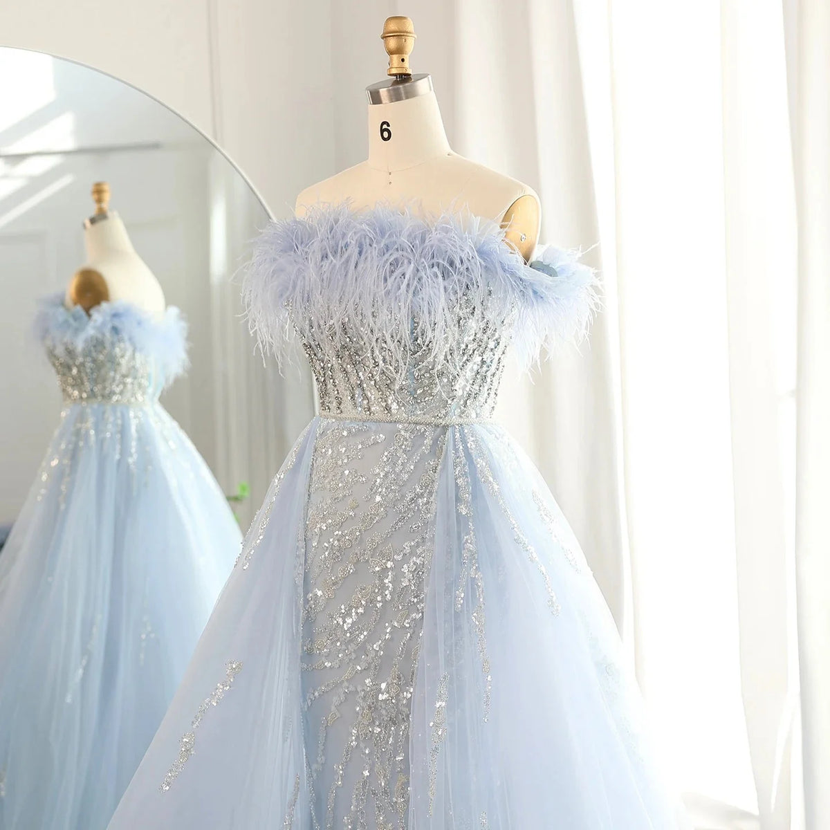 Luxury Dubai Feathers Lilac Evening Dress with Overskirt Side Slit Arabic Blue Green Women Wedding Party Gowns SS252