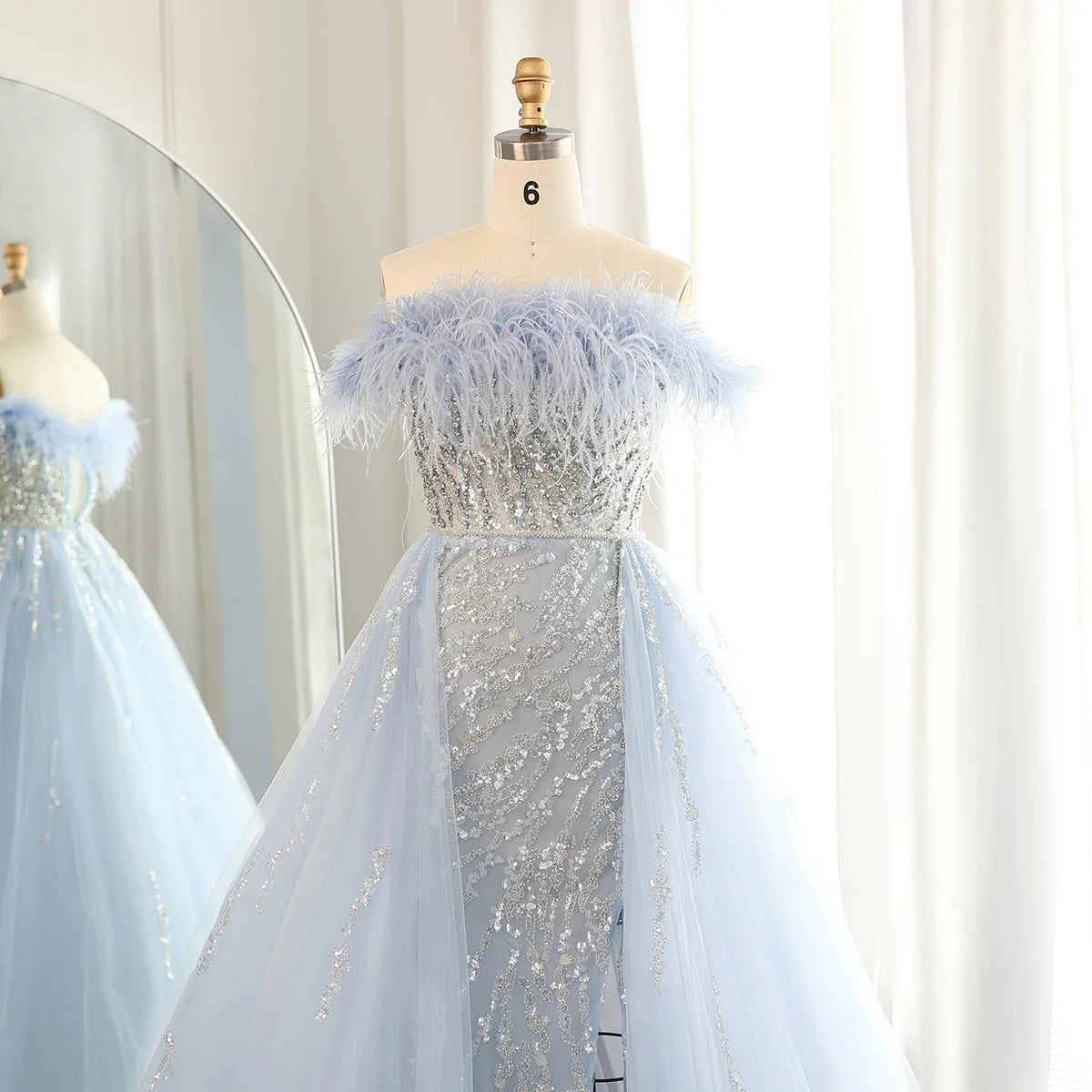 Luxury Dubai Feathers Lilac Evening Dress with Overskirt Side Slit Arabic Blue Green Women Wedding Party Gowns SS252