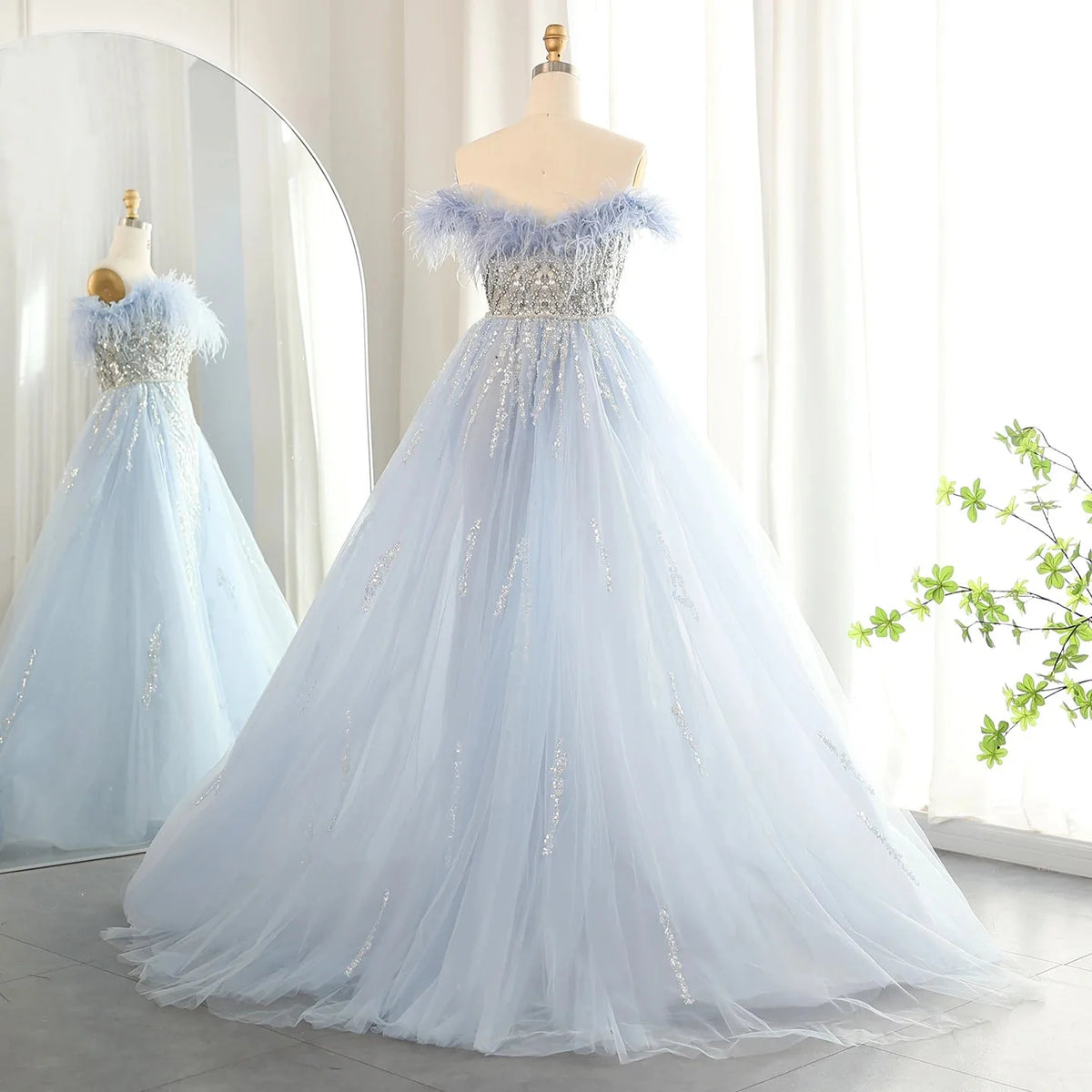 Luxury Dubai Feathers Lilac Evening Dress with Overskirt Side Slit Arabic Blue Green Women Wedding Party Gowns SS252