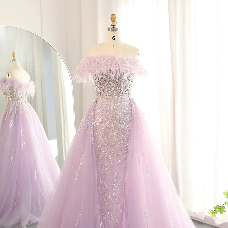 Luxury Dubai Feathers Lilac Evening Dress with Overskirt Side Slit Arabic Blue Green Women Wedding Party Gowns SS252