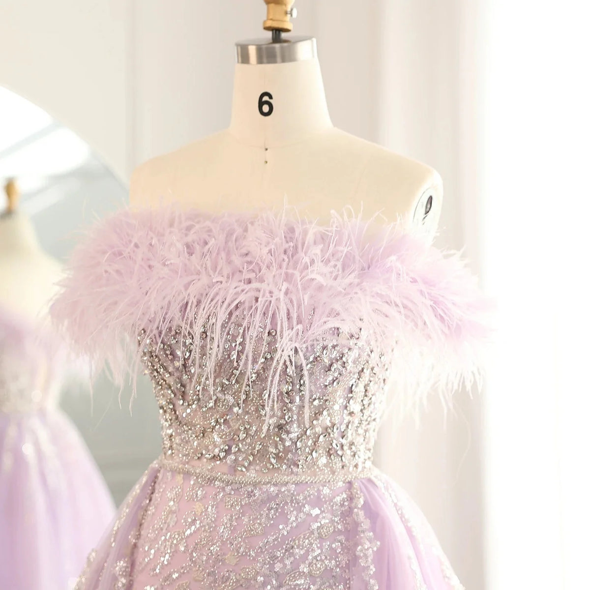 Luxury Dubai Feathers Lilac Evening Dress with Overskirt Side Slit Arabic Blue Green Women Wedding Party Gowns SS252