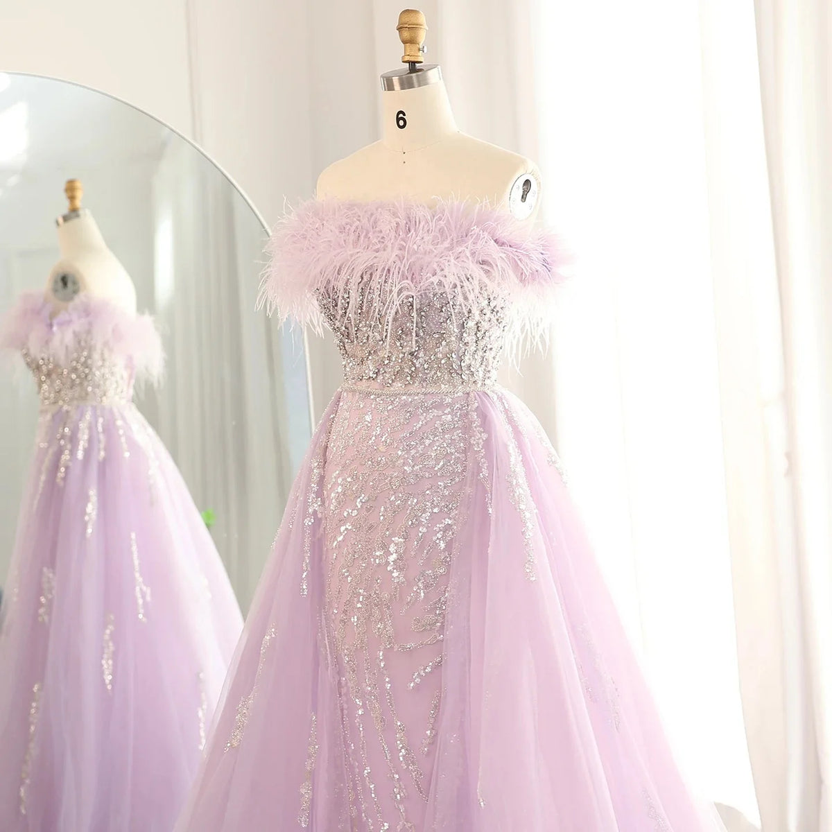 Luxury Dubai Feathers Lilac Evening Dress with Overskirt Side Slit Arabic Blue Green Women Wedding Party Gowns SS252