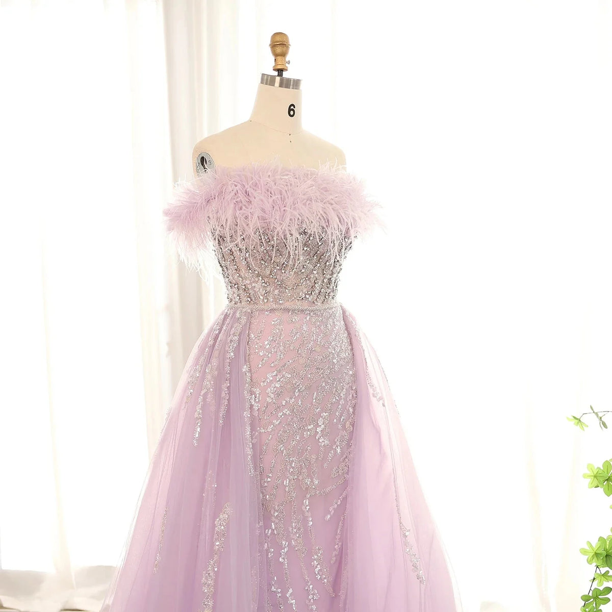 Luxury Dubai Feathers Lilac Evening Dress with Overskirt Side Slit Arabic Blue Green Women Wedding Party Gowns SS252