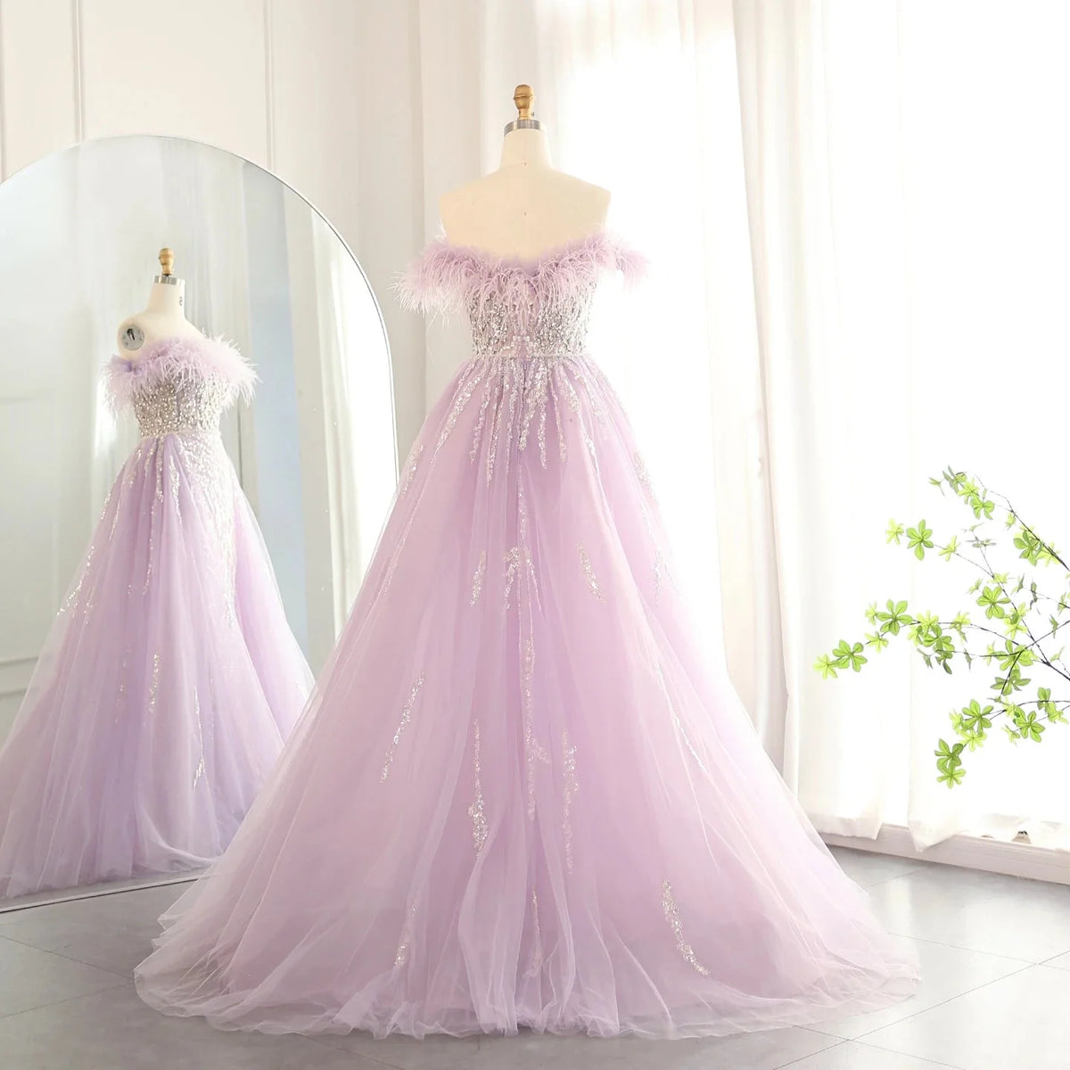 Luxury Dubai Feathers Lilac Evening Dress with Overskirt Side Slit Arabic Blue Green Women Wedding Party Gowns SS252