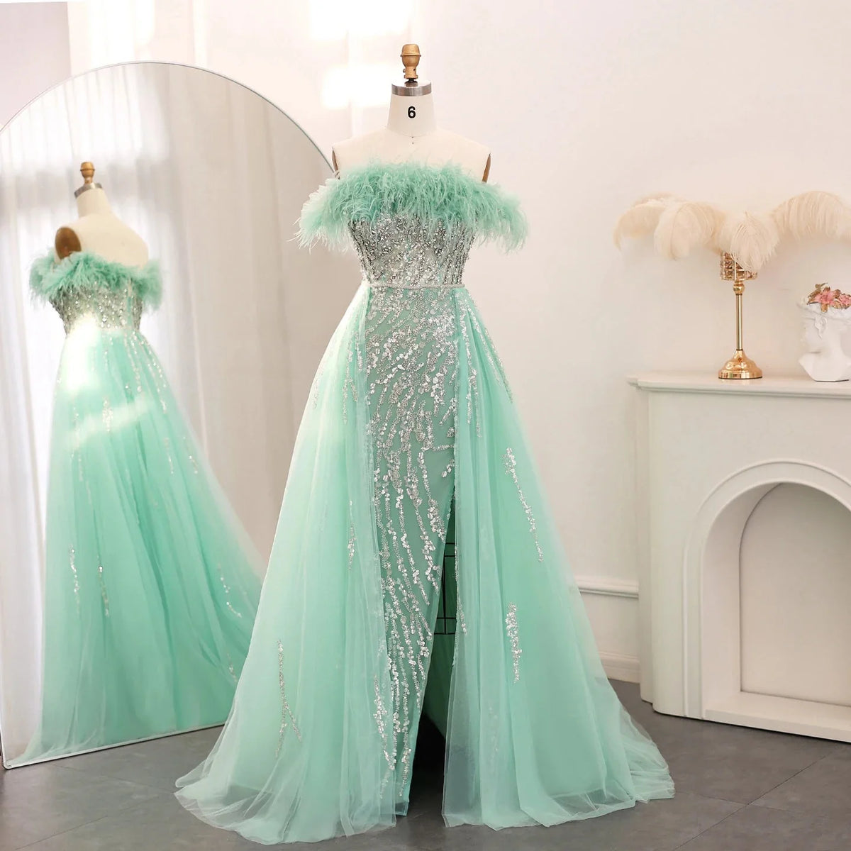 Luxury Dubai Feathers Lilac Evening Dress with Overskirt Side Slit Arabic Blue Green Women Wedding Party Gowns SS252