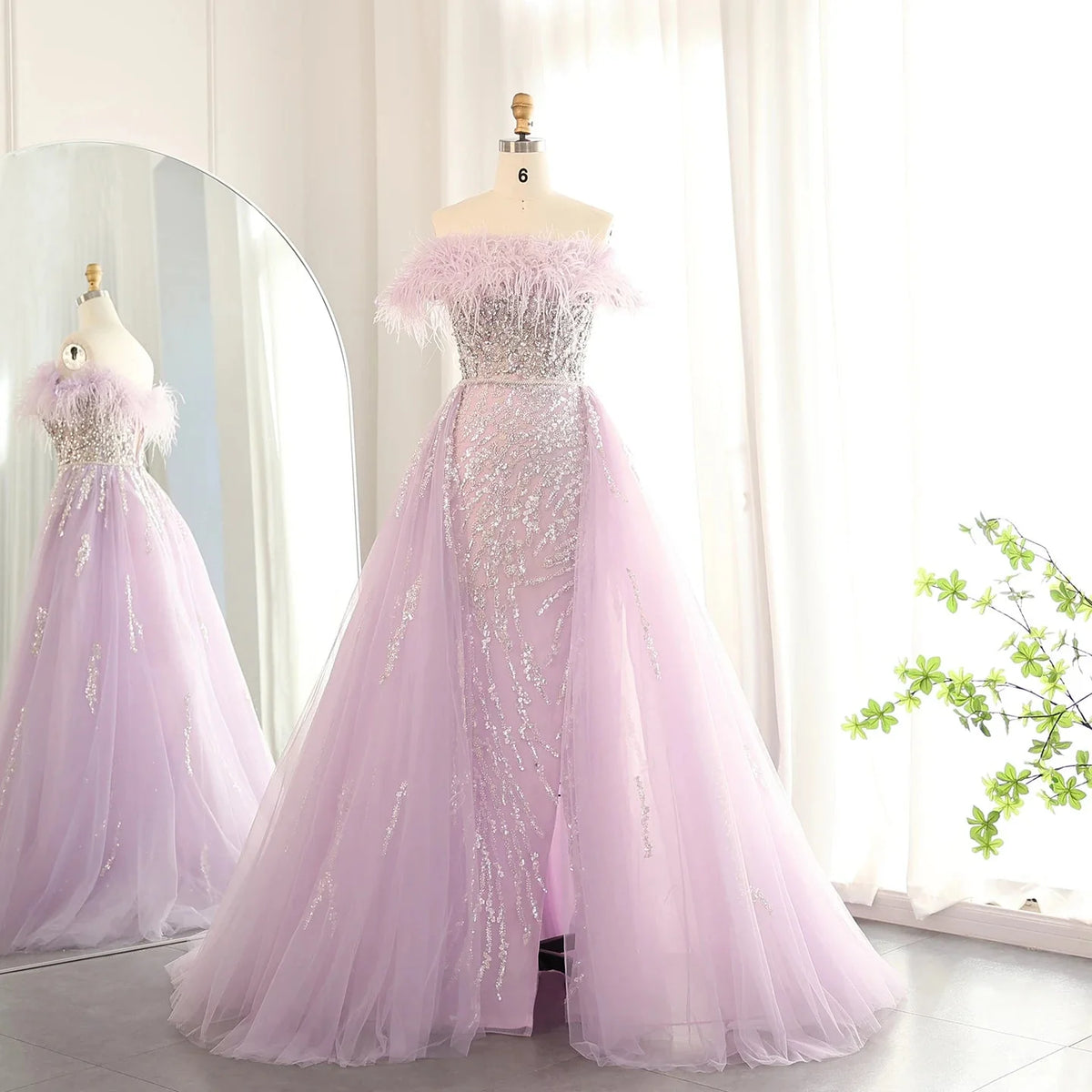 Luxury Dubai Feathers Lilac Evening Dress with Overskirt Side Slit Arabic Blue Green Women Wedding Party Gowns SS252