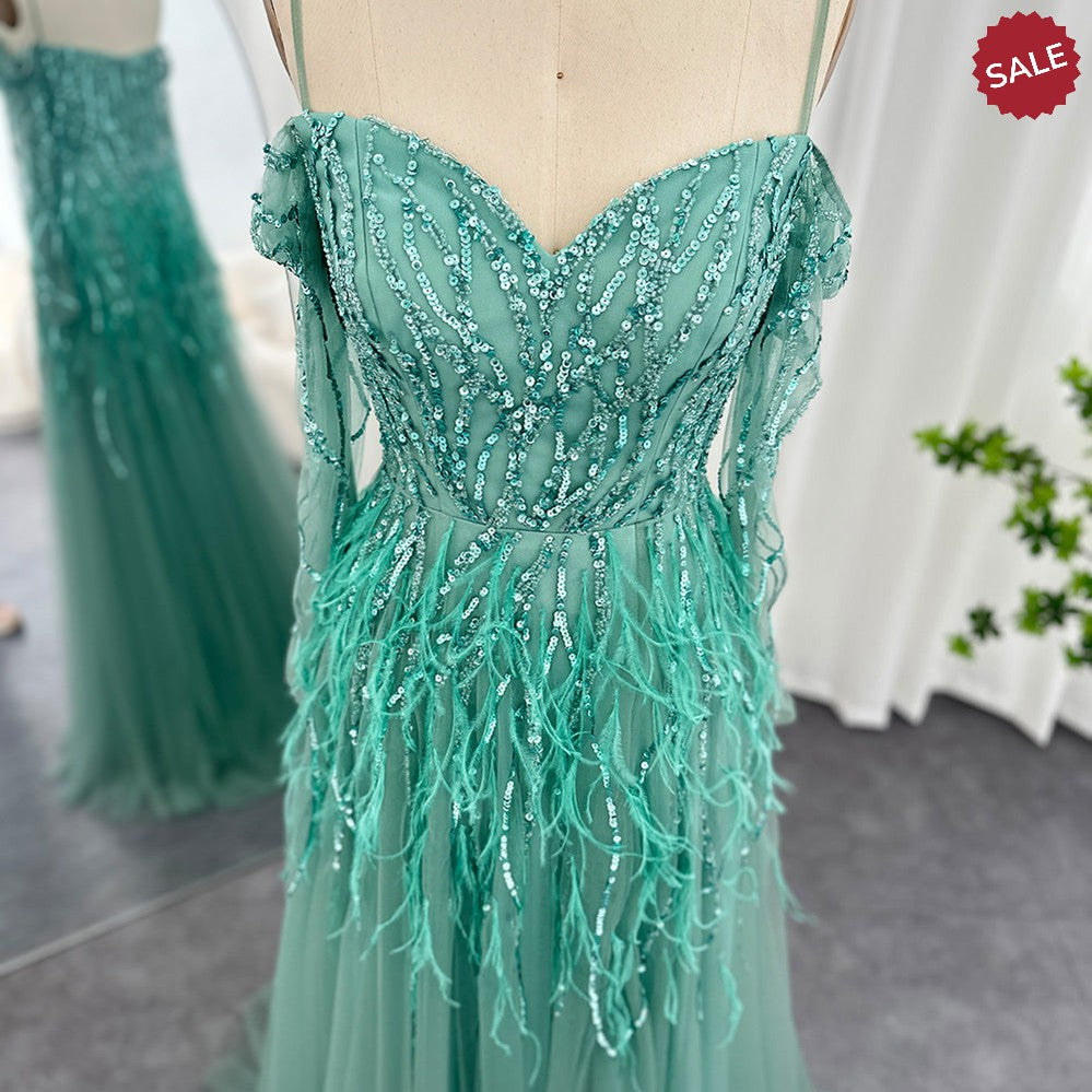 Luxury Dubai Feathers Lilac Evening Dresses for Women Wedding Elegant Emerald Green Arabic Formal Party Gowns SS351