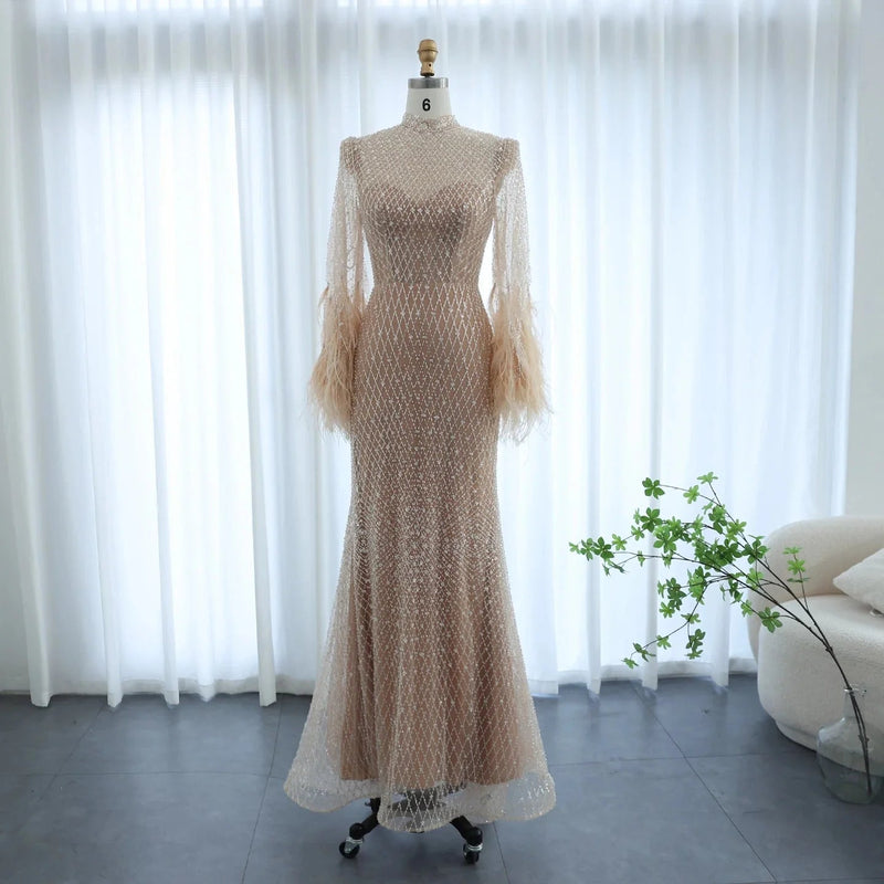 Luxury Dubai Feathers Nude Evening Dresses Long Sleeves Elegant High Neck Arabic Wedding Formal Party Gowns SS227
