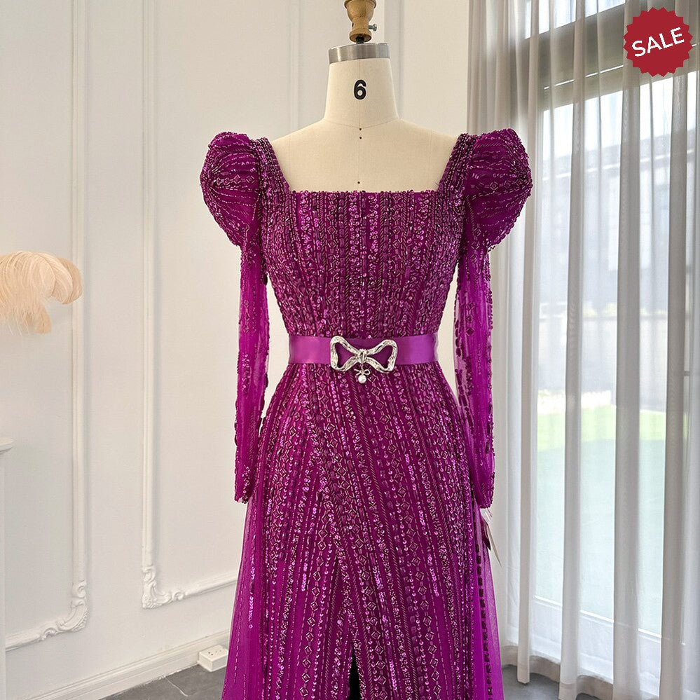 Luxury Dubai Fuchsia Evening Dresses for Women Wedding Elegant Long Sleeve Overskirt Arabic Formal Party Gowns SS318