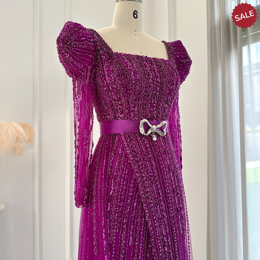 Luxury Dubai Fuchsia Evening Dresses for Women Wedding Elegant Long Sleeve Overskirt Arabic Formal Party Gowns SS318