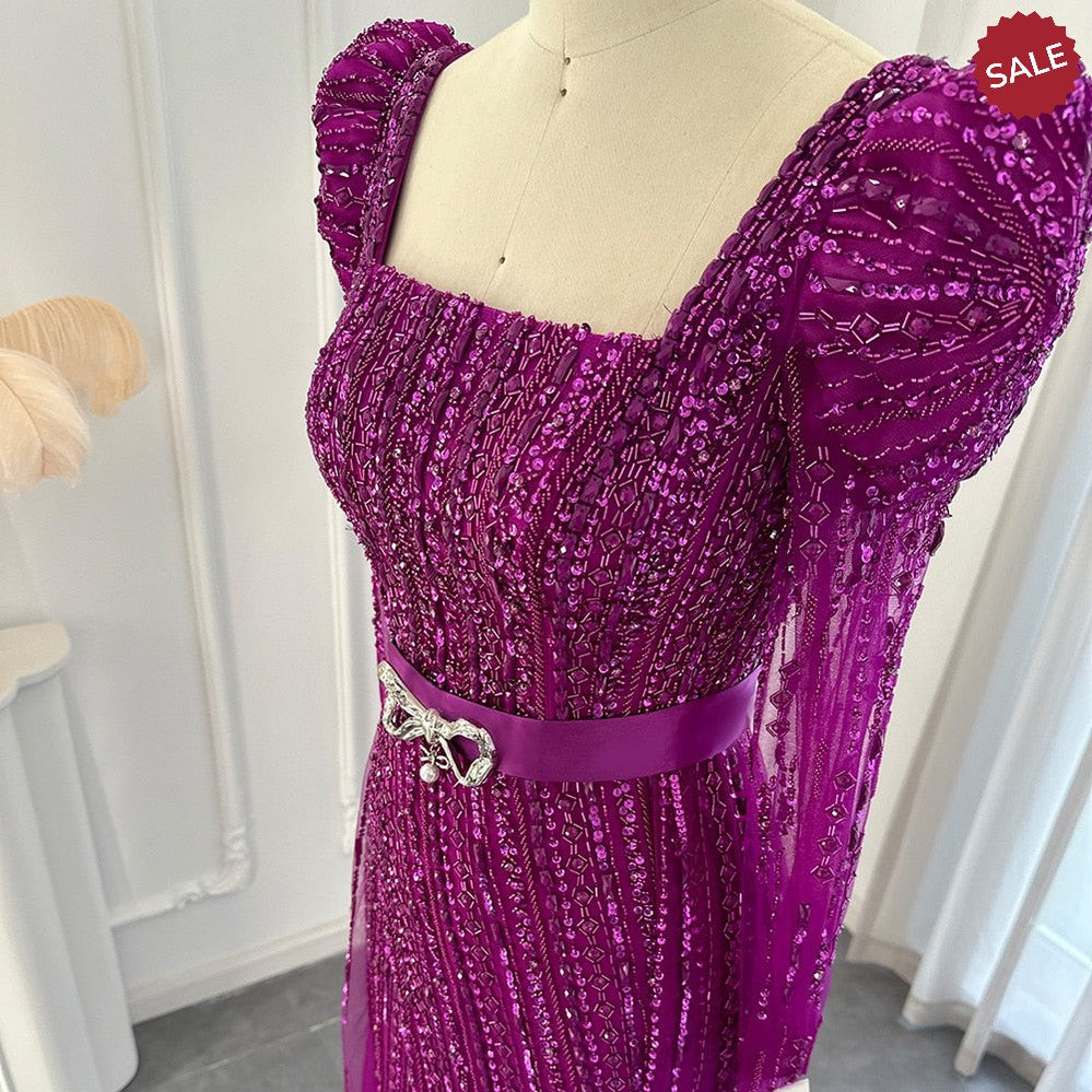 Luxury Dubai Fuchsia Evening Dresses for Women Wedding Elegant Long Sleeve Overskirt Arabic Formal Party Gowns SS318