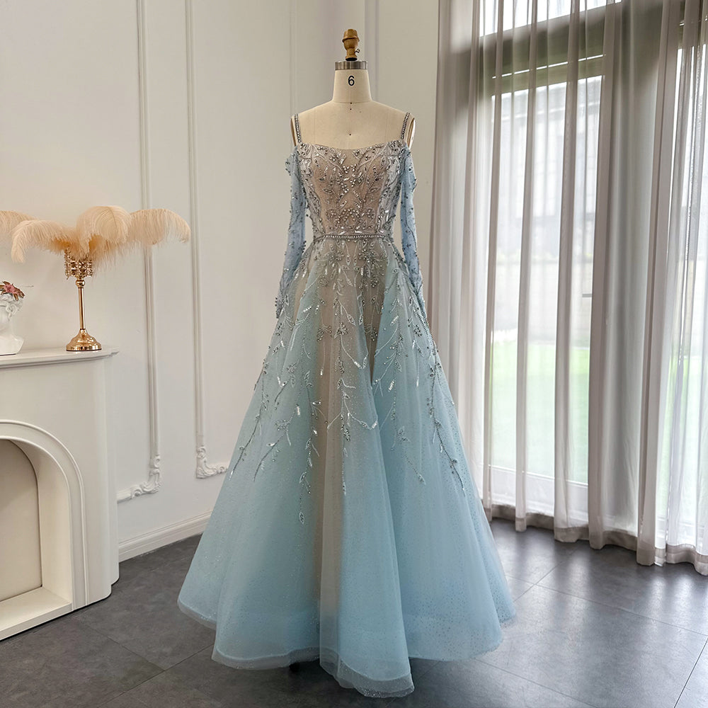 Luxury Dubai Fuchsia Purple Ball Gown Evening Dresses Arabic Women Blue Formal Dress for Wedding Guest Party SS414