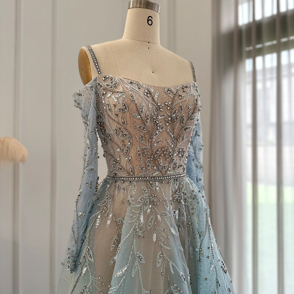 Luxury Dubai Fuchsia Purple Ball Gown Evening Dresses Arabic Women Blue Formal Dress for Wedding Guest Party SS414
