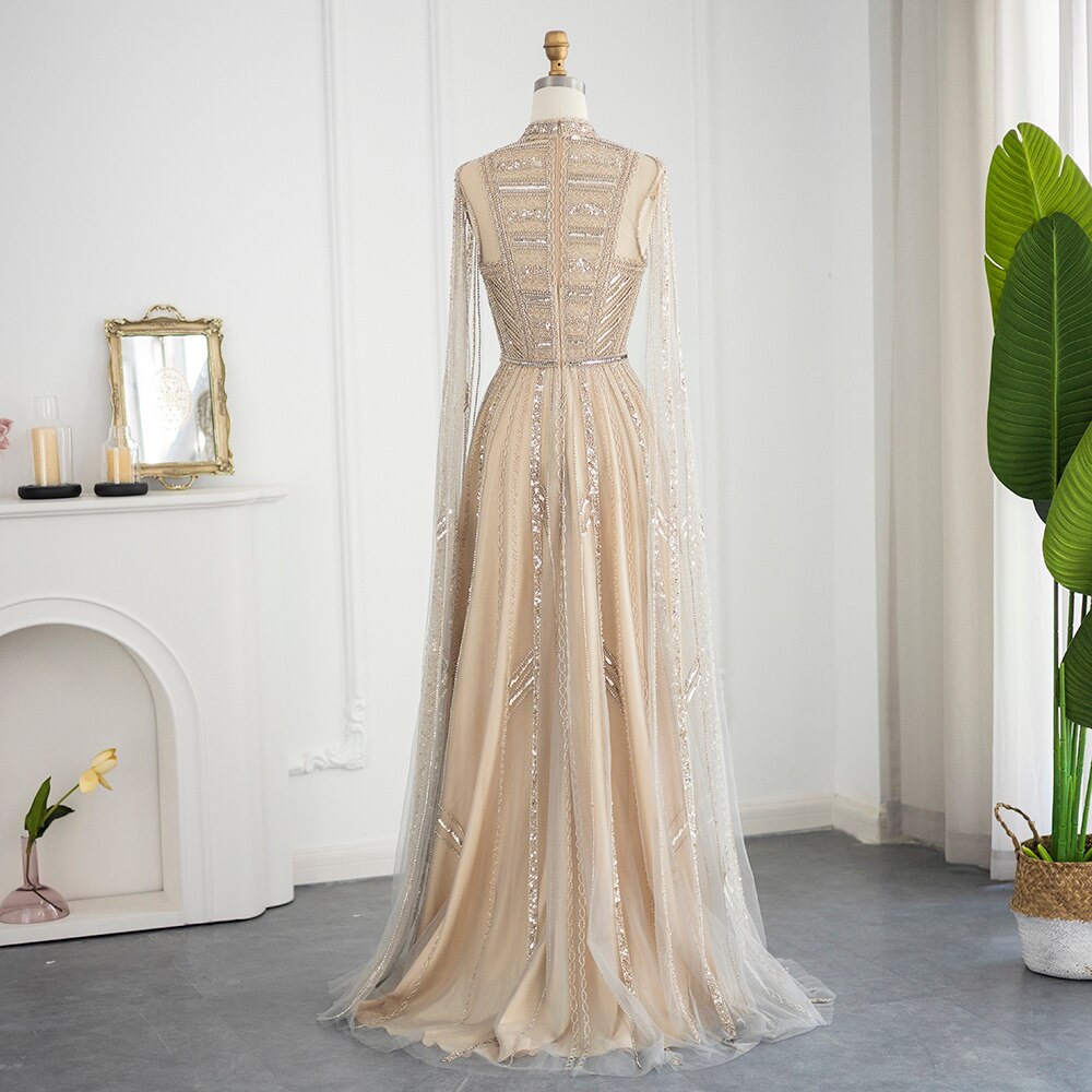 Luxury Dubai Grey Nude Arabic Evening Dresses with Cape Sleeves Elegant Women Formal Gowns for Wodding Party SS428