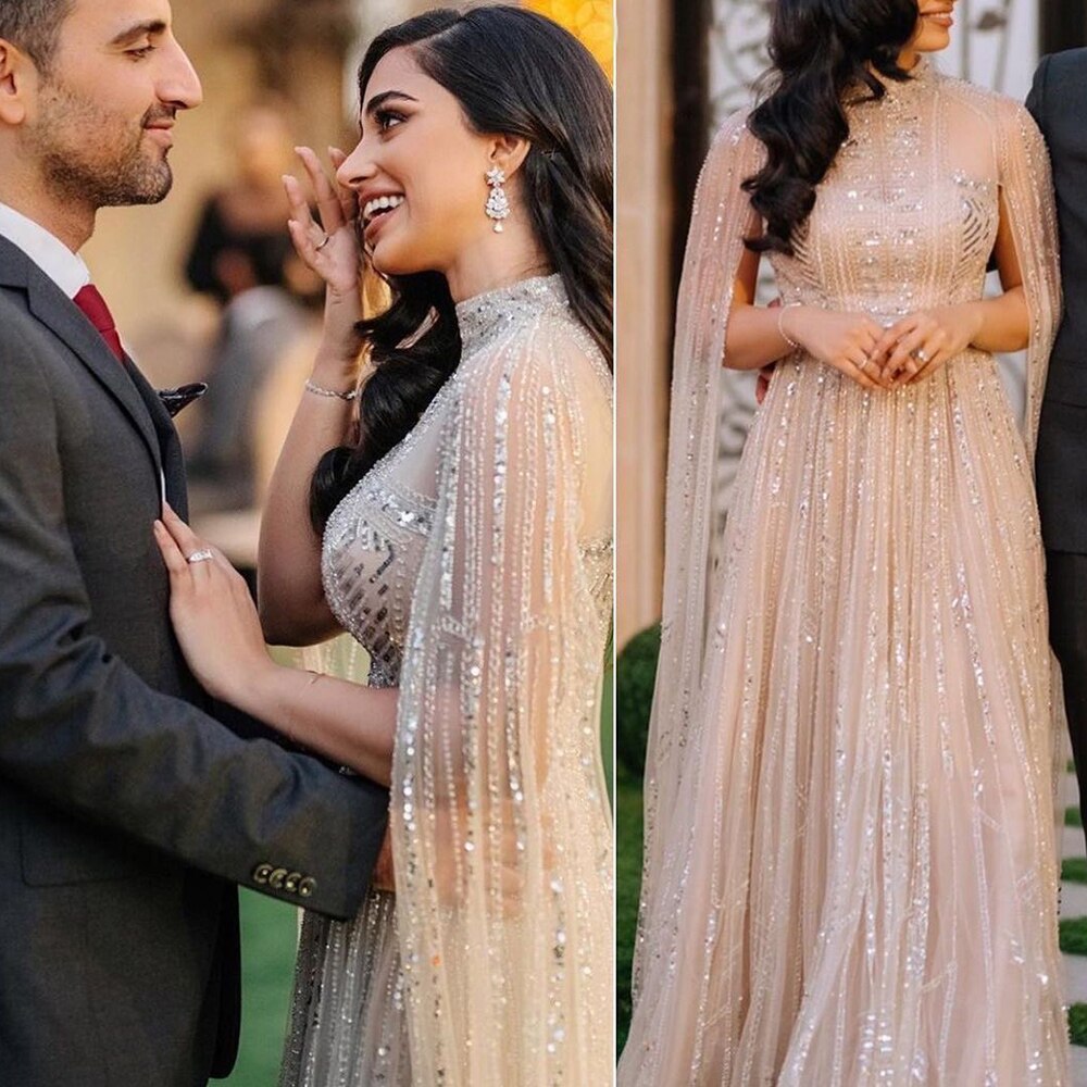 Luxury Dubai Grey Nude Arabic Evening Dresses with Cape Sleeves Elegant Women Formal Gowns for Wodding Party SS428
