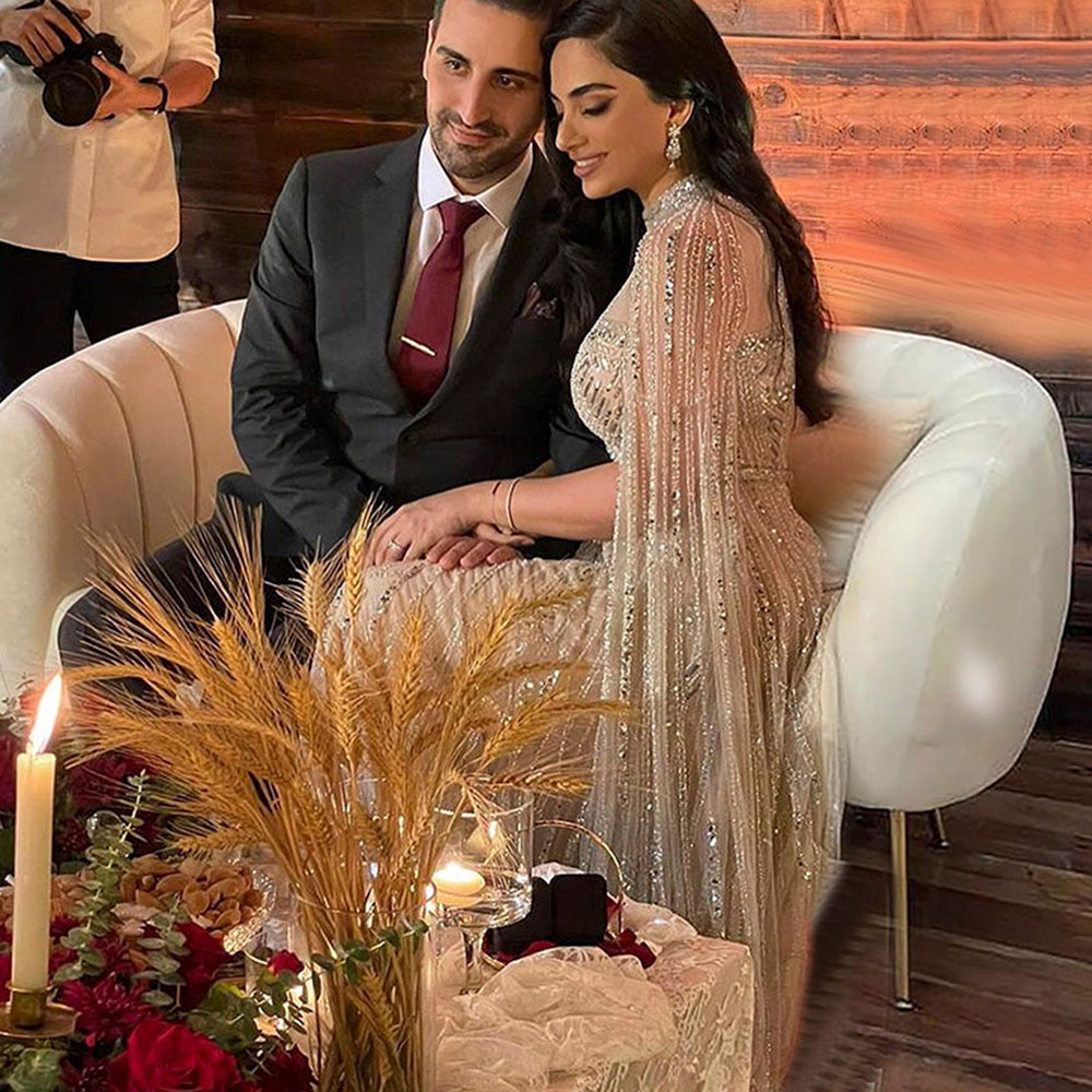 Luxury Dubai Grey Nude Arabic Evening Dresses with Cape Sleeves Elegant Women Formal Gowns for Wodding Party SS428