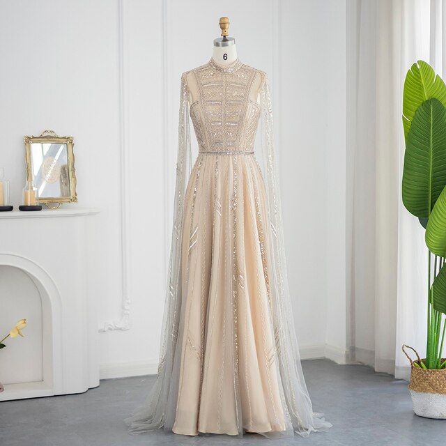 Luxury Dubai Grey Nude Arabic Evening Dresses with Cape Sleeves Elegant Women Formal Gowns for Wodding Party SS428