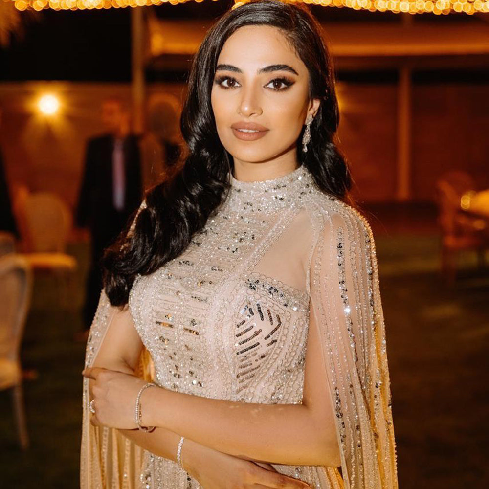 Luxury Dubai Grey Nude Arabic Evening Dresses with Cape Sleeves Elegant Women Formal Gowns for Wodding Party SS428